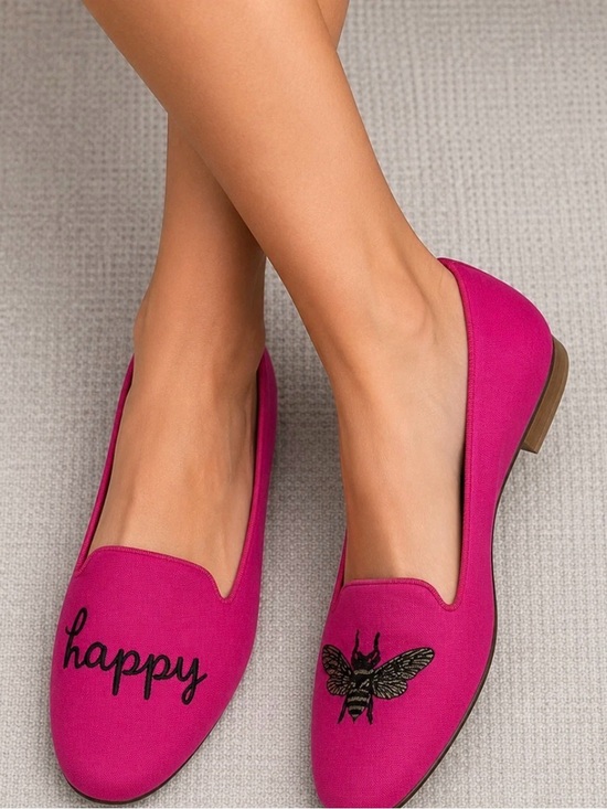 Jon Josef Shoes - Women's Fuchsia Slip-On Flats with Embroidered Bee and 'Happy' Accent
